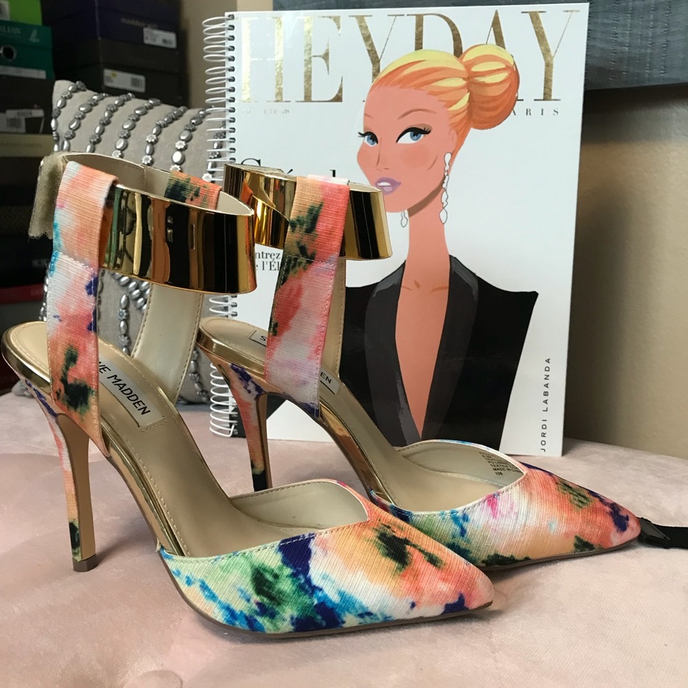Floral Multicolor High Heel Pumps with Gold Ankle Cuff